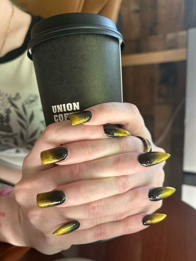 Long stiletto nails in black with a golden cat-eye shimmer